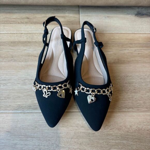 TOP Moda Charmed Life Slingback Flats 7.5 NIB Pointed Toe Black Gold Chain Charm - Picture 4 of 7